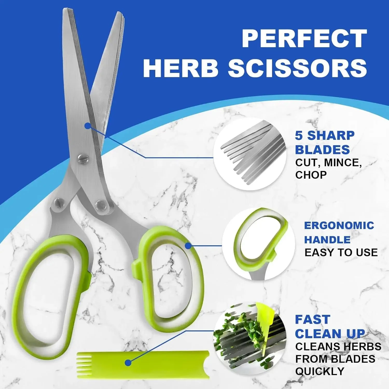 Multi Kitchen Scissors 5 Blade Herb Salad Shears Cutter with Safety Cover and Cleaning Comb for Food Cooking Chopping Vegetable